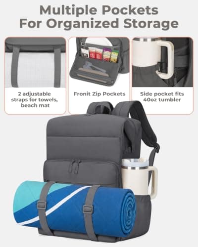 Backpack Cooler Insulated Leak Proof 40 Cans Puffer Soft Cooler with Laptop Compartment Portable Lightweight Beach Travel Camping Lunch Backpack for Men and Women (Grey) — view 5