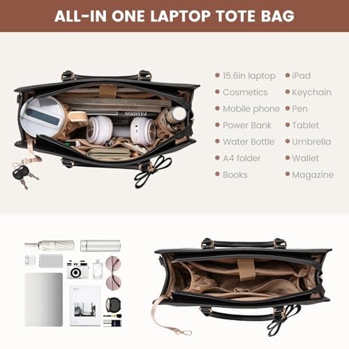 LOVEVOOK Laptop Bags for Women, 15.6 Inch Ladies Handbags Large Work Tote Bags with Compartments, PU Leather Womens Handbag Shoulder Bag for Office School Business Shopping, Black — view 4