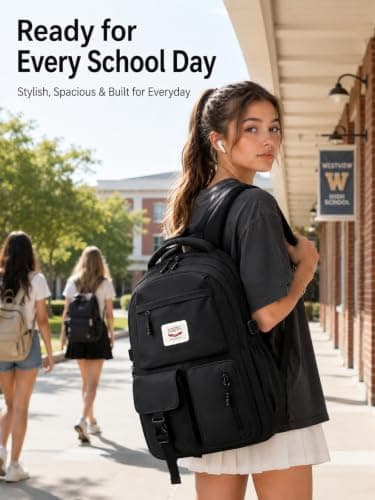 FIORETTO Lightweight School Backpack Womens, Cute School Bag for Teenager Girls, 15.6 Laptop Rucksack Backpack for School Casual Daypacks Travel Backpack for College Work Black 25L — view 2
