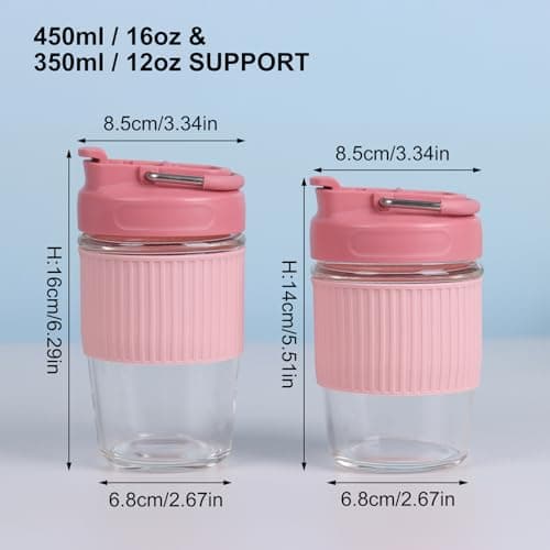 Sivaphe Reusable Glass Coffee Cup | 16oz/450ml Leakproof Travel Mug with Portable Metal Handle,Pink| Borosilicate Glass,Eco-Friendly,BPA-Free|Camping,Gifts,Car Mug,School — view 4