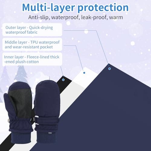 Fjquamitix Kids Winter Ski Mittens, Waterproof Mittens Kids, Warm Fleece Lined Toddler Ski Gloves Age 2-8 Boys Girls For Winter Outdoor (Navy Blue, L) — view 5