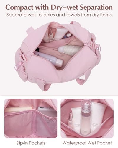Small Gym Bag Womens with Yoga Mat Holder and Wet Compartment, Puffer Pink — view 3