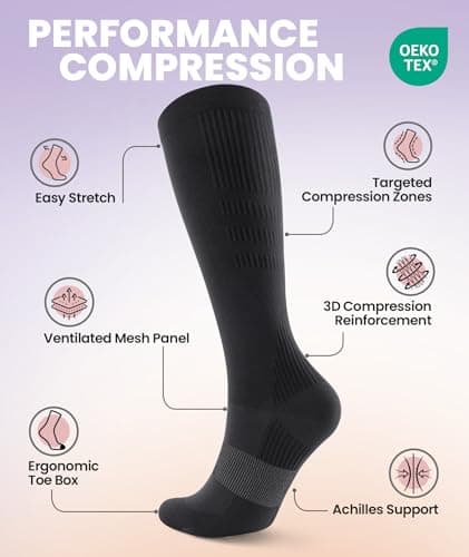 PULIOU Cooling Compression Socks for Women and Men, 20–30 mmHg Graduated Compression, Circulation Knee High Flight Socks for Flying, Travel, Sport, Nurses, 2 Pairs, Black S-M — view 3
