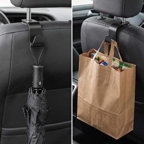 Car Seat Headrest Hooks, Universal Back Seat Hanger, Heavy Duty Storage Organiser for Handbags, Purses & Grocery Bags, Black, 4 Pack — view 4
