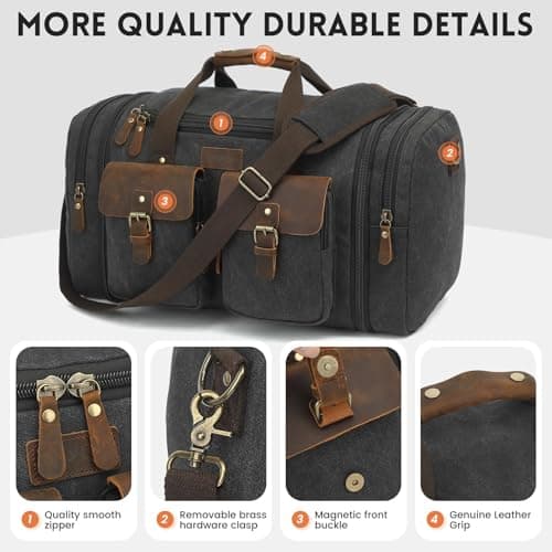 Imyth 60L Large Capacity Leather Duffle Bag - Classic Vintage Expandable Canvas Weekend and Overnight Travel Bag, Airplane Carry-On Luggage (Black) — view 3