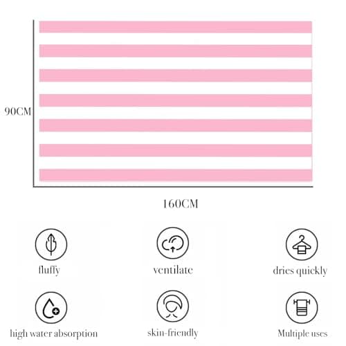 Large Quick Dry Microfibre Beach Towels for Adults,160X90cm Double Sides Pink Stripe Bath Towel Travel Towels with Pockets,Lightweight Beach Towel for Women Men Sun Lounger Travel Swim Holiday Sport — view 3