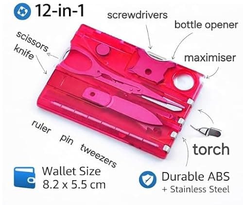 12-in-1 Credit Card Multi Tool, Pocket Survival Tool Kit with Screwdriver, Scissors, Tweezers, Ruler & Bottle Opener, Wallet Size EDC Multitool Gift for Men Dad, Red — view 2