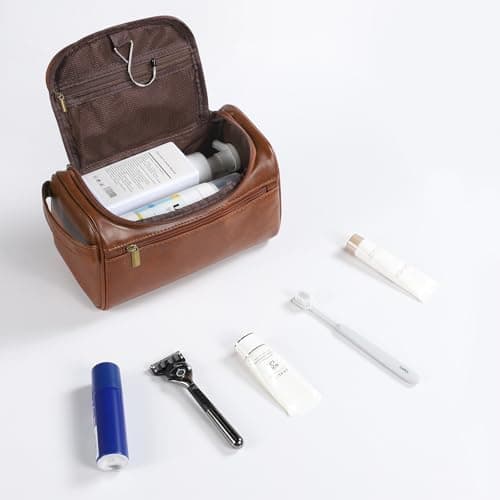 Leather Toiletry Bag, Etercycle Hanging Wash Bag PU Travel Toiletry Bag Waterproof Bathroom Bag for Men and Women Travel Makeup Organizer (Brown) — view 3