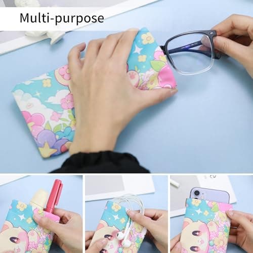PERFECTSIGHT Eyeglass Glasses Sunglass Case Bag with Cleaning Cloth, Portable Squeeze Top Soft Vegan Leather Pouch for Women Boys Girls 2 Pack (Blue+Pink KB Bear) — view 4