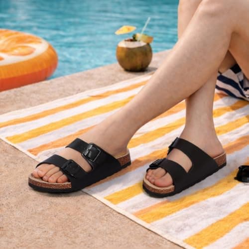 KIDMI Women Sandals Arch Support Cork Footbed Slide,Black Oily 5 — view 2