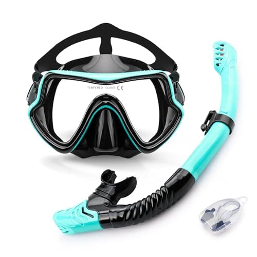 Vogista Snorkel Set Adults with Anti-Leak and Anti-Fog Tempered Glass, Dry Top Snorkel Set Adult, 180° Panoramic Wide View Snorkel Mask Set Diving Goggles Scuba Mask Adult - Green