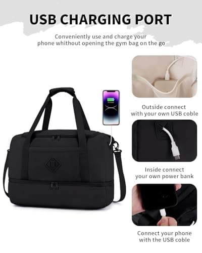 WANDF EasyJet Cabin Bag 45x36x20 - Underseat Travel Duffel with Shoe Compartment, USB Charging Port & Wet Pocket, Carry On Luggage for Overnight Weekend Gym for Women Men (Black) — view 6