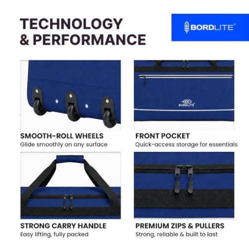 Bordlite Extra Large 105L Wheeled Travel Holdall, 30 Inch Water-Resistant Tarp Rolling Duffle Bag with 3 Smooth Wheels, Telescopic Pull Handle & Front Zip Pocket, 77x38x36cm, Blue — view 2