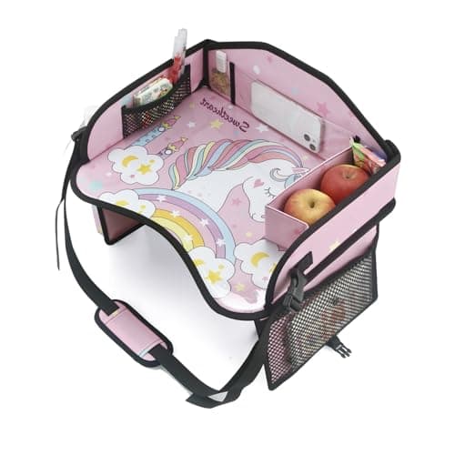 PandaEar Travel Tray for Kids Car Seat, Unicorn Lap Car Seat Tray for Girls with Tablet Holder, Snack Storage & Cup Holder, Road Trip Must Have for Kids Toddler Activities Drawing