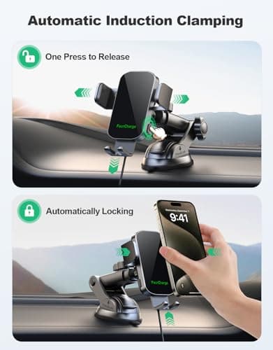 Glangeh Car Phone Holder Wireless Charger, Auto Clamping Wireless Car Charger, 15W Fast Wireless Charging Car Mount Frame for Dash Windshield for iPhone 17 16 15 14 13 12 Pro Max, Galaxy S24+ and more — view 2