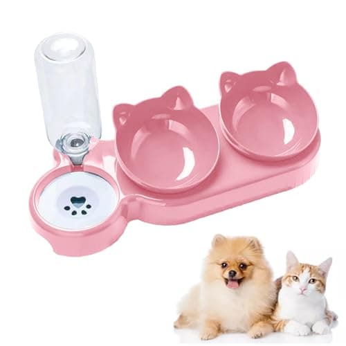 3-In-1 Cat Food and Water Bowl Set, Raised Cat Bowls With Stand, Double Cat Bowls with Water Dispenser for Pet, Food and Water Feeder for Small Medium Dogs Cats (Pink)
