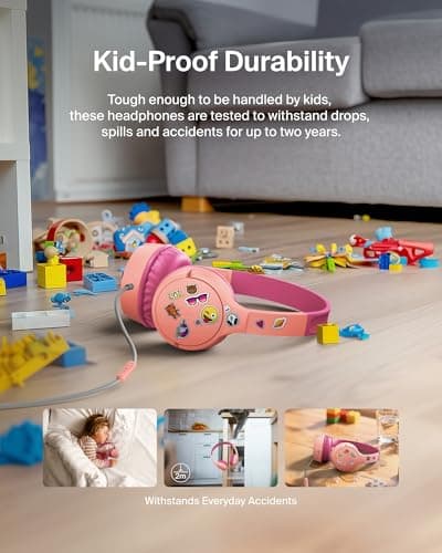 Belkin SoundForm Mini Kids Wired Headphones with USB-C to 3.5mm Dongle, Built-in Mic & Fun Stickers, 85dB Max Volume – for Online Learning, Travel, Compatible with iPhone, iPad, Galaxy, etc - Pink — view 5