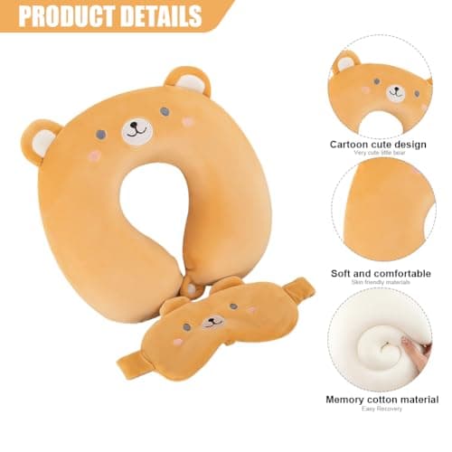 Travel Pillow Kids Travel Pillow with Sleep Eye Mask Cute Neck Pillow for Travel Soft Memory Foam Travel Neck Pillow for Adults and Kids Airplane Sleeping Travel and Camping (brown bear) — view 3