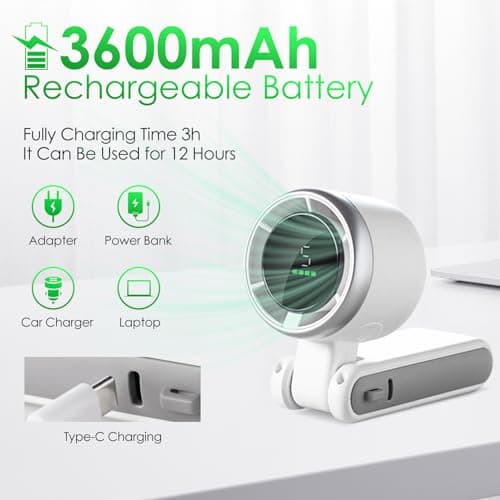 Portable Handheld Mini Turbo Fan, USB Rechargeable Travel Neck Fan with 5 Speeds, 3600mAh Battery & 15000RPM Speed, Up to 12 Working Hours, 3 IN 1 Foldable Personal Cooling Fan for Travel/Home/Office — view 4
