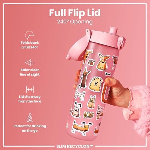Ion8 Water Bottle, 500ml/18oz, Slim Leak Proof & BPA-Free Drinking Bottle, Secure Lock Prevents Spills, Dishwasher Safe, Carry Handle, Ideal for Adults & Kids - Travel, Gym & School, Pink, Dogs — view 5