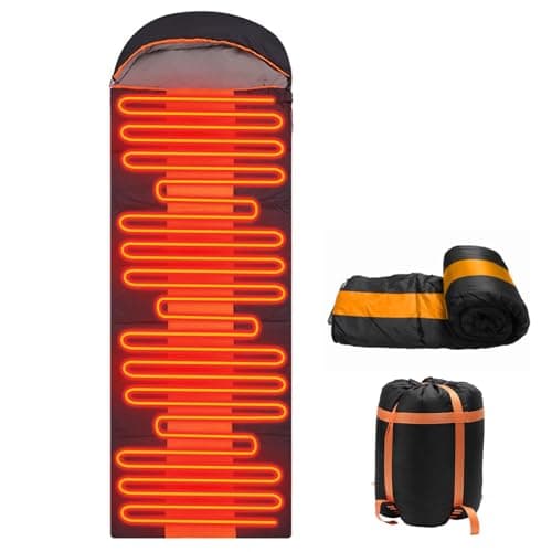 Heated Sleeping Bag, Electric Warm Bag Pad with 3 Adjustable Heating Levels, USB Powered Heating Pads Adjustable Hood, 0 Degree Camping Sleeping Bag Keep Warm for Cold Weather Outdoor Hiking (Orange)