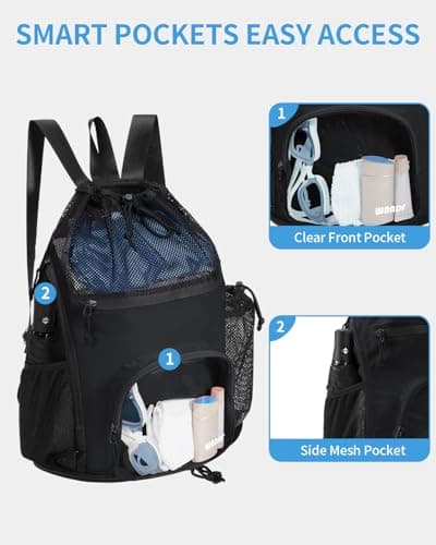 WANDF Drawstring Swim Bag, Sandproof Mesh with Wet and Dry Compartments (Black) — view 5