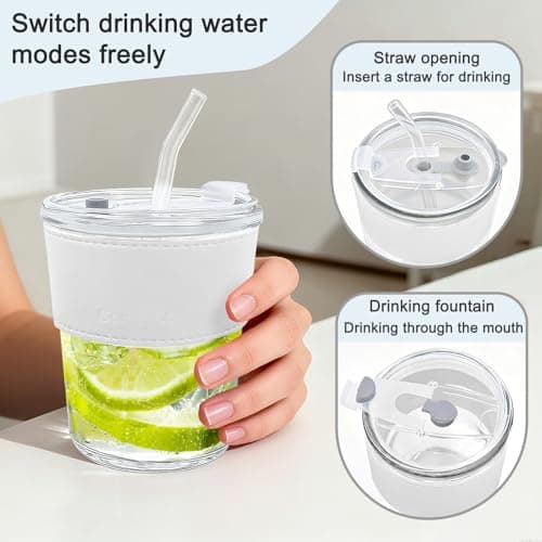 LTHERMELK Tumbler with Straw and Lid - 400ml Glass Straws, Cold Brew Iced Coffee Cup for Car Travel, Reusable Frosted Glass Tumbler with Leather Sleeve & Straw — view 3