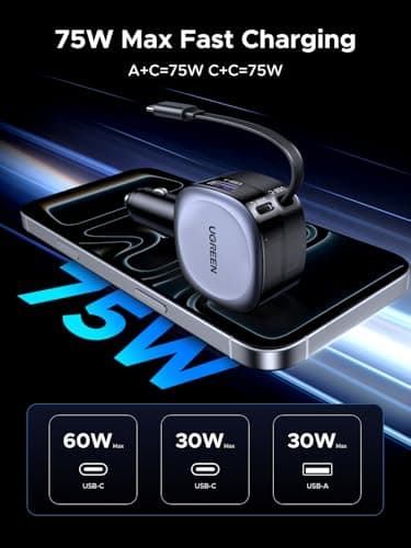 UGREEN 75W USB C Car Charger Retractable 3 in 1 Fast Cigarette Lighter — view 3