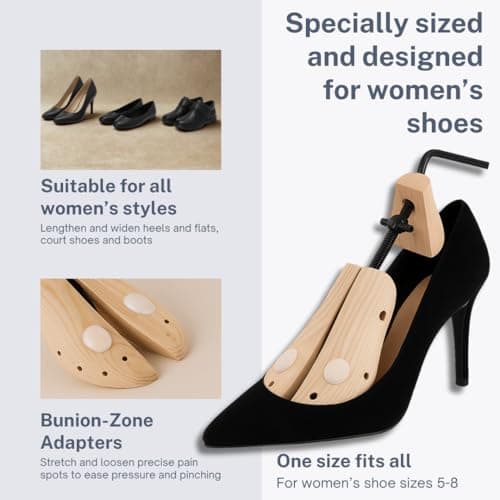 Women’s Professional Wooden Shoe Stretcher with Bunion Plugs, Multi-Directional Width & Length Adjustment, Fits UK Size 5–8, High Heel & Flat Shoe Expander Tool — view 4