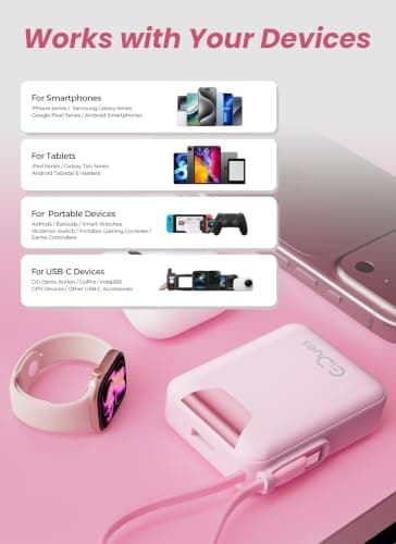 Gidues M1 Mini Portable Charger, 10000mAh Ultra-Compact Power Bank, 22.5W PD Fast Charging, Tpye-C Built-in Cable, Small External Battery Pack for iPhone, Samsung, Android iPad (Pink) — view 5