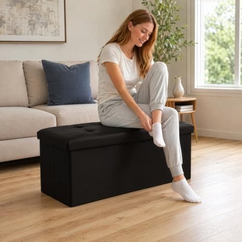 CROWNSHOP Ottoman Storage Bench Footrest Stool Seat Toy Chest Storage Box Folding with Lid Long Shoes Bench Footstool Suitable for Living Room (Black, Faux leather) — view 6