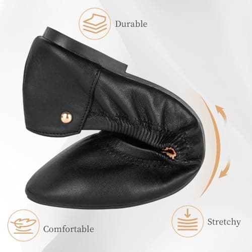 OFFCUP Roll up Shoes, Black Leather Ballet Flats, Portable Round Toe Slip On Dolly Shoes, Ballet Pumps for Women Ladies for Weddings and Parties Work Office Formal (UK 5) — view 6