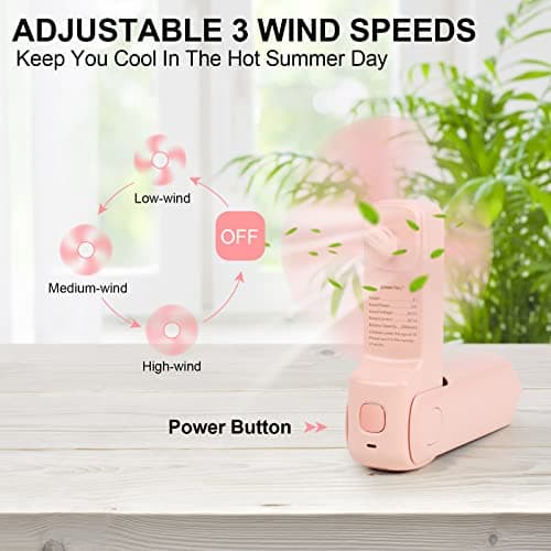 LYMYBETY Portable Handheld Fan, USB Rechargeable Mini Hand Held Travel Fans, Folding Pocket Fan 3 Speeds, 24 Working Hours, Small Personal Desk Fan Flashlight Home Travel Outdoor Use, Pink — view 3
