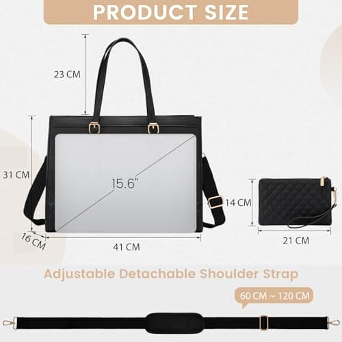 LOVEVOOK Laptop Bags for Women 15.6 Inch, Ladies Handbags for Work Business, Womens Large Tote Bag, Leather Shoulder Bag with Clutch Lightweight for Office Business School College Shopping, Black — view 3