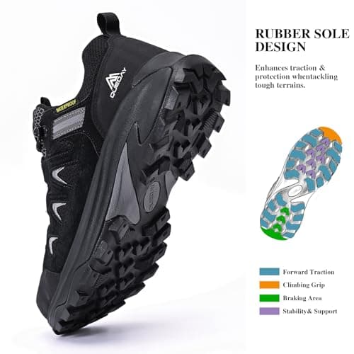 Queday Mens Womens Leather Waterproof Black Hiking Shoes Lightweight Outdoor Walking Shoes Breathable Suede Hike Trekking Trails Camping Climbing Size 43 — view 3