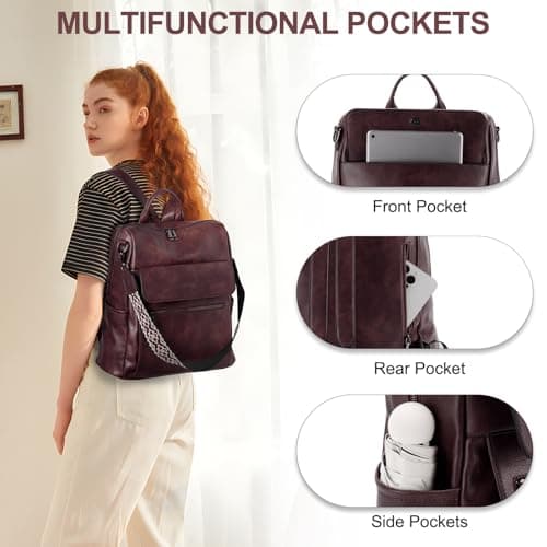 VASCHY Backpack for Women, Large Vegan Leather Rucksack with Wallet Set Convertible Handbag for Lady Guitar Strap Burgundy — view 5