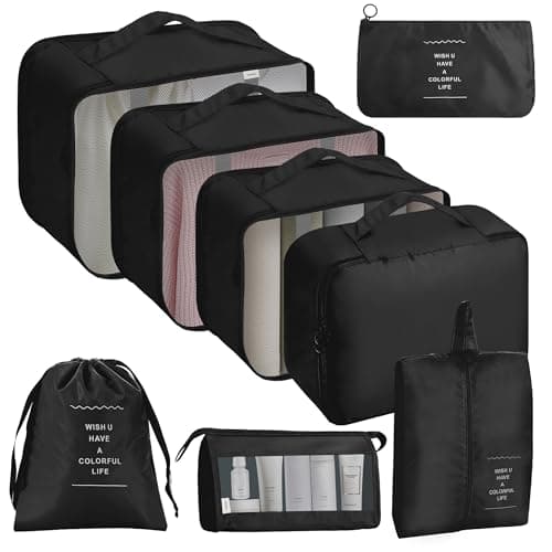 ASAB 9Pcs Packing Cubes for Travel Suitcases Portable Space Saving Double Zippered Suitcase Organiser Bags with Buckle Design Shoes Cosmetics Toiletries Waterproof Luggage Cubes Storage Bags (Black)