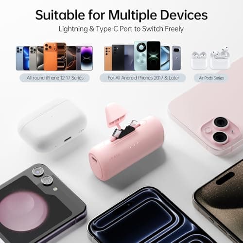iWALK 5500mAh Portable Charger, 20W Fast Charging Power Bank with Built-in USB-C & Lightning Connectors, Mini Plug-in Battery Pack for iPhone 17/16/15/14/13/12, Android Phones & AirPods, Pink — view 6