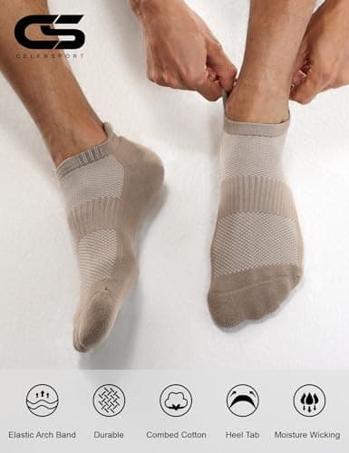CS CELERSPORT Mens Running Socks Cushioned Tab Sports Socks Trainer Socks for Men Women Cotton Ankle Socks Khaki Mix Low Cut Breathable Athletic Sock(6 Pairs),L — view 5