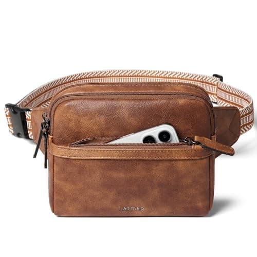 LATMAP 3L Fanny Pack Bumbags for Women Men 4-Zipper Pockets Belt Bag Sling Waist Pack Faux Leather Chest Bag Brown