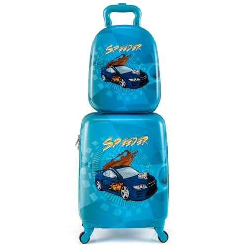 GYMAX 2Pcs Kids Luggage Set, 13" Backpack & 16" Children Hardshell Suitcase with Wheels & Telescopic Handle, Boys Girls Carry On Luggage Set for Travel School (Navy)