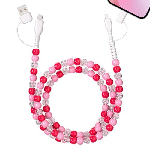 SEUMOO USB C Multi Charger Cable 1M 4 in1 USB A to USB C Charging Cable 66W Type C Fast Charging Cable Cute Beaded USB Phone Charger for Girls Women for iPhone 17 Air 16 15 Plus 14 Pro Max, Pink