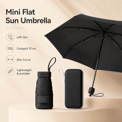 WHJYCC Mini Travel Umbrella, UPF 50+, 6-Rib, Black, with Zip Case — view 2