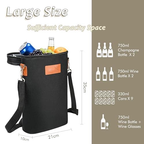 Kato Tirrinia Insulated Wine Cooler Bag, 2 Bottle Padded Wine Tote Carrier for Picnic, Beach, Camping, Wine Lover Gift, Black — view 5