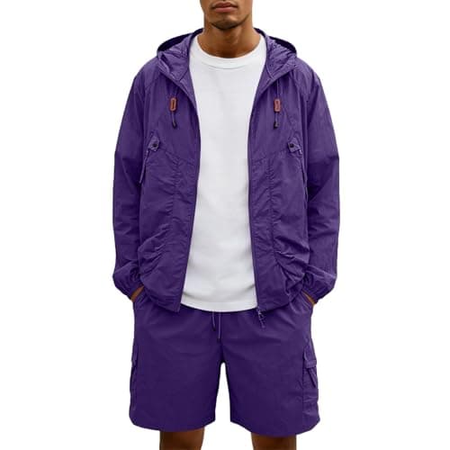 Mens Tracksuit Sets Sun Protection Coord Sets For Men Uk Outdoor Casual Running Zip Up Jacket With Drawstring Hood Running Shorts Easy Care Summer Set Comfort Fit Travel Festival Purple Xxl