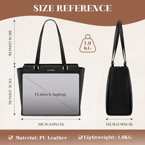 RAINSMORE Handbag for Women Large Laptop Tote Bag 14 Inch Waterproof PU Leather School Ladies Handbag with Zipper Pocket Work Shoulder Bags for Shopping Office Travel Business — view 3