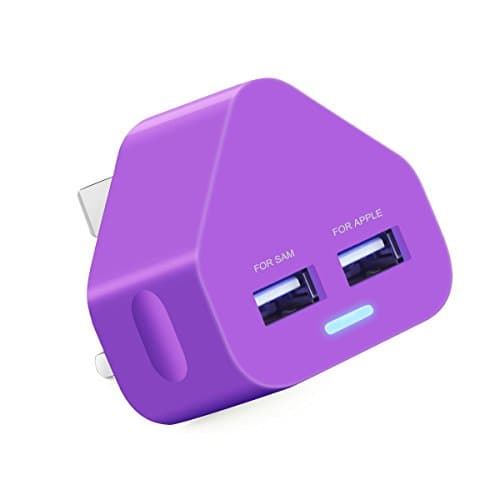 AMEEGO Dual USB Plug Charger 2A, 2 Port USB-A UK Mains Wall Adapter, 10W Shared Output Phone Charger Plug for Mobile Phones, Tablets, Power Banks and USB Devices - Purple