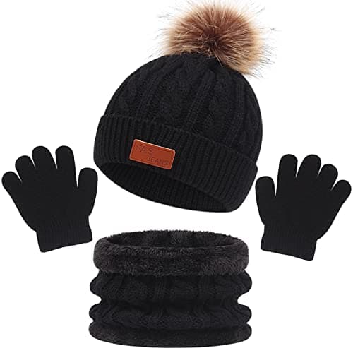 Baynetin 3Pcs Kids Winter Beanie Hat Scarf Gloves Set for 1-5 Years Old Boys Girls. Winter Accessories Sets for Children Outdoor Sports, Knit Thick Warm Fleece Lined Thermal Sets (Black)