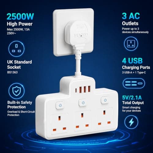 Multi Plug Extension, Short Extension Lead, 3 Way 4 USB Plug Adapter — view 2