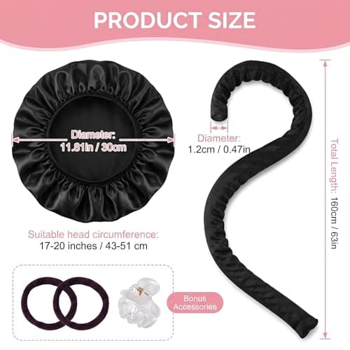 Thin Heatless Curling Rod Set for Overnight Curls, No Heat Hair Curler with Satin Bonnet, Soft Sleep Curlers for Long & Short Hair, Satin Heatless Curler Kit with Scrunchies & Hair Clip (Black) — view 2